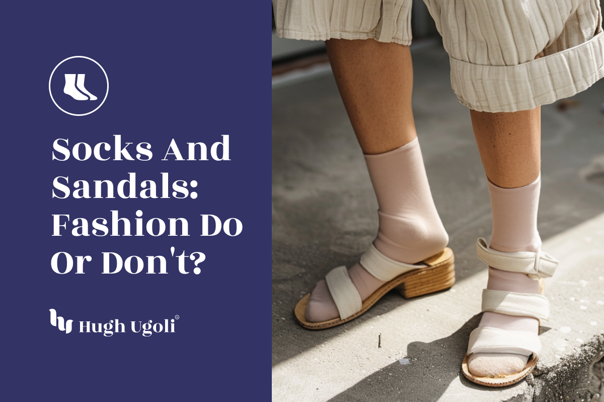 Close-up of legs wearing beige Hugh Ugoli socks paired with white sandals, highlighting the fashion debate on socks with sandals.